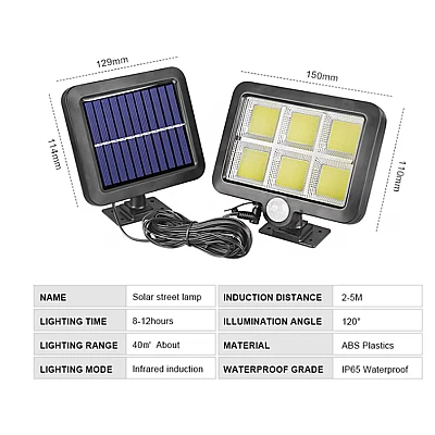 Lampa solara de perete Sl F120 6 x COB LED putere 25W 5000K cu panou solar senzor miscare Neagra Lampa solara de perete Sl F120 6 x COB LED putere 25W 5000K cu panou solar senzor miscare Neagra