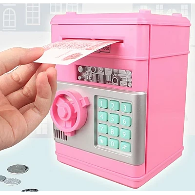 Pusculita interactiva ATM tip Seif pentru copii cu dimensiunea de 19x13x13 cm ROZ Pusculita interactiva ATM tip Seif pentru copii cu dimensiunea de 19x13x13 cm ROZ