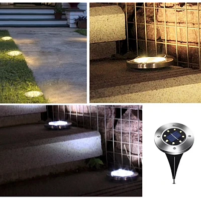 Set 4 Lampi Solare metalice Argintii Disk Lights pentru gradina Set 4 Lampi Solare metalice Argintii Disk Lights pentru gradina