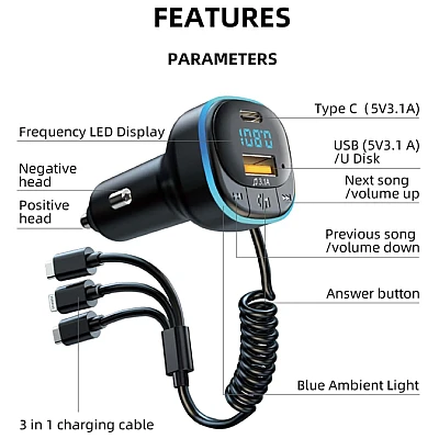 Modulator Fm 3in1 C31 Usb Cabluri Multiple Negru Modulator Fm 3in1 C31 Usb Cabluri Multiple Negru