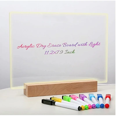 Panou luminos acrilic tip tabla de notite transparenta cu baza din lemn Panou luminos acrilic tip tabla de notite transparenta cu baza din lemn