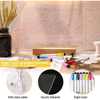 Panou luminos acrilic tip tabla de notite transparenta cu baza din lemn Panou luminos acrilic tip tabla de notite transparenta cu baza din lemn