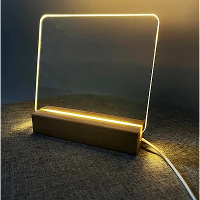Panou luminos acrilic tip tabla de notite transparenta cu baza din lemn Panou luminos acrilic tip tabla de notite transparenta cu baza din lemn