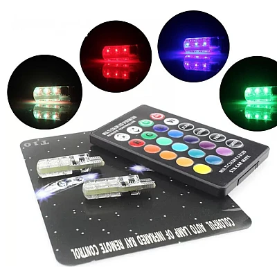 Set 2 becuri T10 LED auto RGB cu telecomanda putere 2W Set 2 becuri T10 LED auto RGB cu telecomanda putere 2W