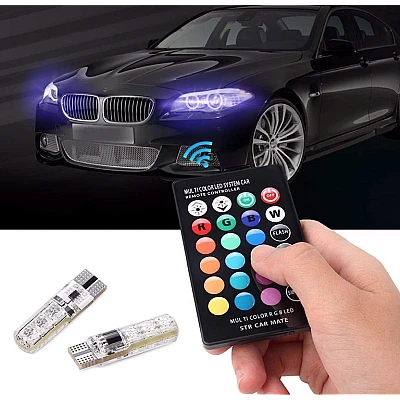 Set 2 becuri T10 LED auto RGB cu telecomanda putere 2W Set 2 becuri T10 LED auto RGB cu telecomanda putere 2W