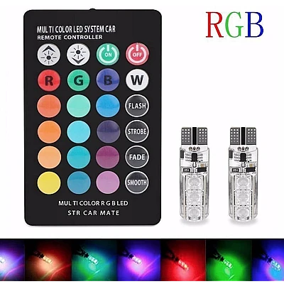 Set 2 becuri T10 LED auto RGB cu telecomanda putere 2W Set 2 becuri T10 LED auto RGB cu telecomanda putere 2W