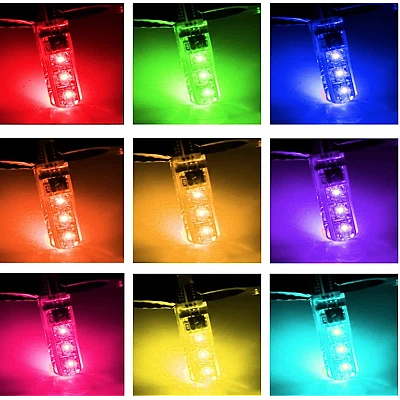 Set 2 becuri T10 LED auto RGB cu telecomanda putere 2W Set 2 becuri T10 LED auto RGB cu telecomanda putere 2W