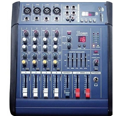 Mixer audio profesional cu amplificare putere 2x250 W 4 canale 16 efecte egalizator 5 benzi Mixer audio profesional cu amplificare putere 2x250 W 4 canale 16 efecte egalizator 5 benzi