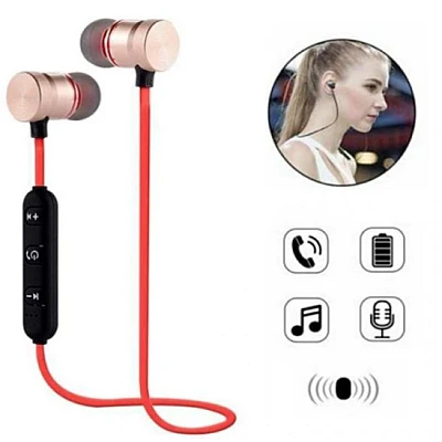 Casti audio Bluetooth sport stereo cu suport magnetic rosu auriu Casti audio Bluetooth sport stereo cu suport magnetic rosu auriu