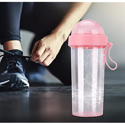 Pahar dublu 600 ml cu 2 paie ROZ Pahar dublu 600 ml cu 2 paie ROZ