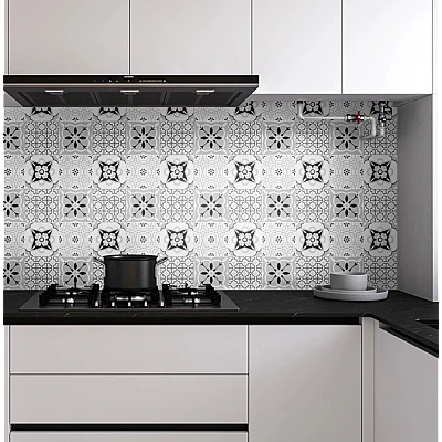 Set 12 placi autocolante din vinil 30 x 30 cm rezistente la apa model FLORAL ALB NEGRU DP0202