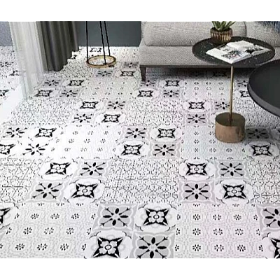 Set 12 placi autocolante din vinil 30 x 30 cm rezistente la apa model FLORAL ALB NEGRU DP0202