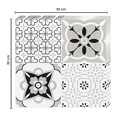 Set 12 placi autocolante din vinil 30 x 30 cm rezistente la apa model FLORAL ALB NEGRU DP0202