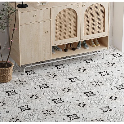 Set 12 placi autocolante din vinil 30 x 30 cm rezistente la apa model FLORAL ALB NEGRU DP0202