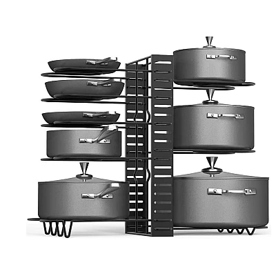 Suport vesela bucatarie ajustabil multifunctional cu 5 rafturi pentu capace sau tigai Suport vesela bucatarie ajustabil multifunctional cu 5 rafturi pentu capace sau tigai