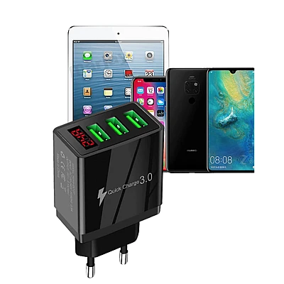 Incarcator PRIZA 3 USB cu DISPLAY LED Inteligent negru Adaptor 220V Incarcator PRIZA 3 USB cu DISPLAY LED Inteligent negru Adaptor 220V