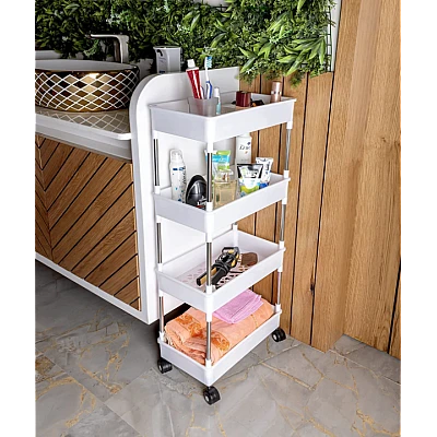 Suport depozitare cu 4 rafturi tip carucior modular pentru baie sau bucatarie Suport depozitare cu 4 rafturi tip carucior modular pentru baie sau bucatarie