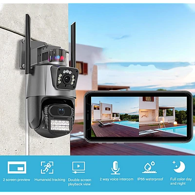 Camera de supraveghere dubla WIFI 8MP exterior/interior Ultra HD 5X zoom comunicare bidirectionala GRI Camera de supraveghere dubla WIFI 8MP exterior/interior Ultra HD 5X zoom comunicare bidirectionala GRI