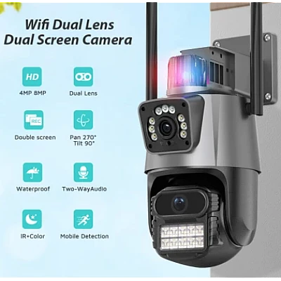 Camera de supraveghere dubla WIFI 8MP exterior/interior Ultra HD 5X zoom comunicare bidirectionala GRI Camera de supraveghere dubla WIFI 8MP exterior/interior Ultra HD 5X zoom comunicare bidirectionala GRI