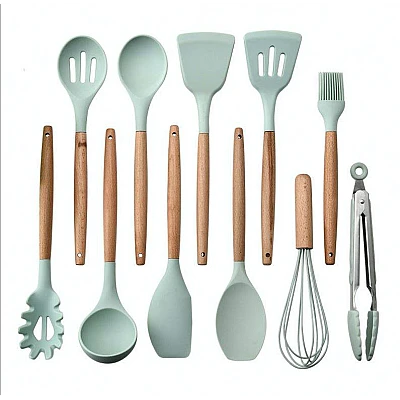 Set 12 ustensile de bucătărie cu mâner de lemn GRI Set 12 ustensile de bucătărie cu mâner de lemn GRI