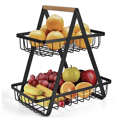 Cos metalic stil organizator fructe legume cu 2 niveluri NEGRU Cos metalic stil organizator fructe legume cu 2 niveluri NEGRU
