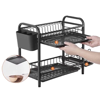 Suport pentru uscat vase 2 nivele si placuta de scurgere Negru Suport pentru uscat vase 2 nivele si placuta de scurgere Negru