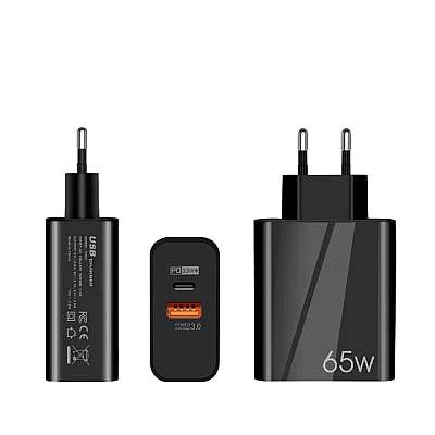 Adaptor Alimentare NEGRU 1 USB + 1 USB C 65W Incarcator Rapid si Cablu Type C Adaptor Alimentare NEGRU 1 USB + 1 USB C 65W Incarcator Rapid si Cablu Type C