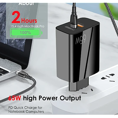 Adaptor alimentare pentru priza cu 2 porturi QC3.0 65W Adaptor alimentare pentru priza cu 2 porturi QC3.0 65W
