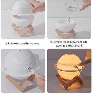 Umidificator lampa model Jupiter cu 3 moduri iluminare incarcare USB suport lemn Umidificator lampa model Jupiter cu 3 moduri iluminare incarcare USB suport lemn