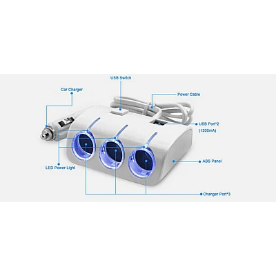 Priza Bricheta Auto Cu 3 Iesiri + 2 USB-uri Pentru Alimentare Dispozitive Alb Priza Bricheta Auto Cu 3 Iesiri + 2 USB-uri Pentru Alimentare Dispozitive Alb