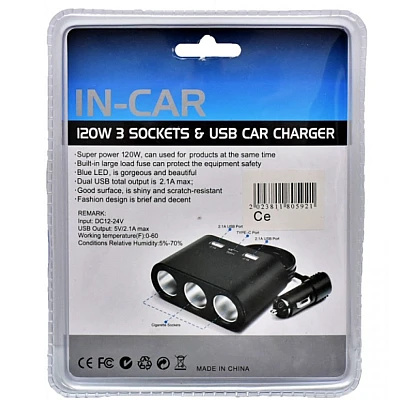 Priza auto 3 cai si USB 120W Olesson 1653 Priza auto 3 cai si USB 120W Olesson 1653