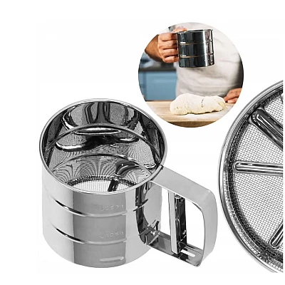 Cana cu sita pentru cernut faina,zahar pudra inox 250 gr Cana cu sita pentru cernut faina,zahar pudra inox 250 gr