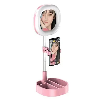 Lampa circulara patrata de machiaj cu oglinda si suport telefon/accesorii Lampa circulara patrata de machiaj cu oglinda si suport telefon/accesorii