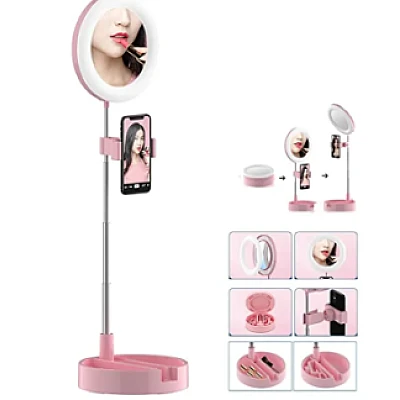 Lampa circulara patrata de machiaj cu oglinda si suport telefon/accesorii Lampa circulara patrata de machiaj cu oglinda si suport telefon/accesorii