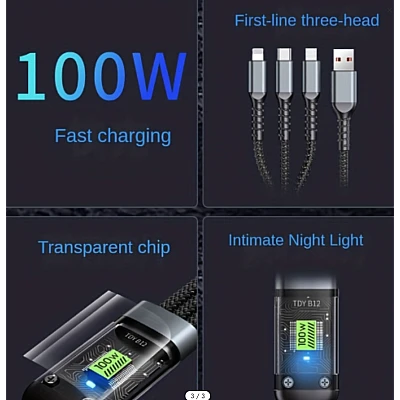 Cablu de date 3 IN 1 afisaj digital PD100W Lightning/ Type C/Micro Cablu de date 3 IN 1 afisaj digital PD100W Lightning/ Type C/Micro