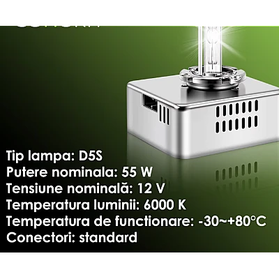 Set 2 Becuri Xenon D5S putere 55W culoare 6000k +220% pentru Faruri Auto 9000 Lumeni Set 2 Becuri Xenon D5S putere 55W culoare 6000k +220% pentru Faruri Auto 9000 Lumeni