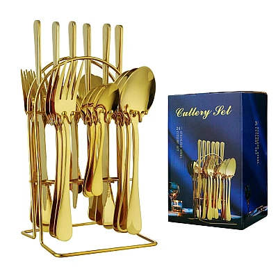 Set de tacamuri din otel inoxidabil cu suport agatat aurii 24 piese Set de tacamuri din otel inoxidabil cu suport agatat aurii 24 piese