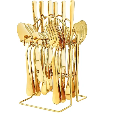 Set de tacamuri din otel inoxidabil cu suport agatat aurii 24 piese Set de tacamuri din otel inoxidabil cu suport agatat aurii 24 piese