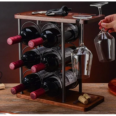 Suport din lemn organizator pentru 6 sticle de vin si 2 pahare
