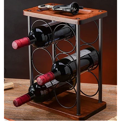 Suport din lemn organizator pentru 6 sticle de vin si 2 pahare