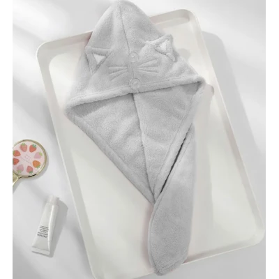 Prosop de baie pentru copii tip Turban din microfriba pentru uscarea parului model pisicuta