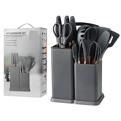 Set 19 piese ustensile de bucatarie din lemn si silicon cu suport Set 19 piese ustensile de bucatarie din lemn si silicon cu suport
