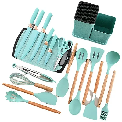 Set 19 piese ustensile de bucatarie din lemn si silicon cu suport Set 19 piese ustensile de bucatarie din lemn si silicon cu suport