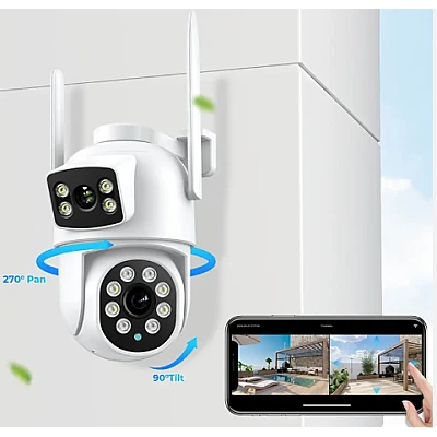 Camera de supraveghere cu lentila duala de 4MP x 2 WIFI 2.4GHZ Audio bidirectionala Camera de supraveghere cu lentila duala de 4MP x 2 WIFI 2.4GHZ Audio bidirectionala