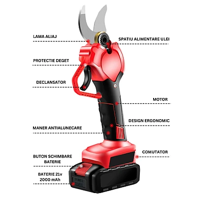 Trusa Foarfeca electrica crengi profesionala cu 2 acumulatori 21 V 2000 mAh diametru taiere 30 mm Trusa Foarfeca electrica crengi profesionala cu 2 acumulatori 21 V 2000 mAh diametru taiere 30 mm