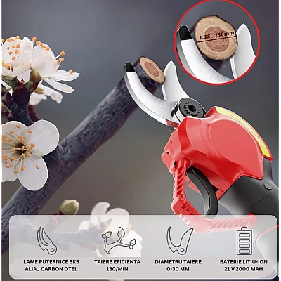 Trusa Foarfeca electrica crengi profesionala cu 2 acumulatori 21 V 2000 mAh diametru taiere 30 mm Trusa Foarfeca electrica crengi profesionala cu 2 acumulatori 21 V 2000 mAh diametru taiere 30 mm