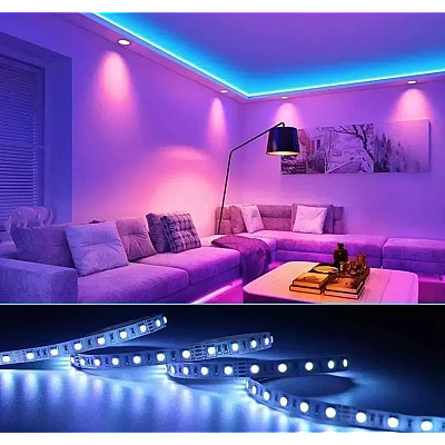 Kit Banda LED RGB cu Telecomanda 300 LED uri Lungime 5m 220V BS Kit Banda LED RGB cu Telecomanda 300 LED uri Lungime 5m 220V BS