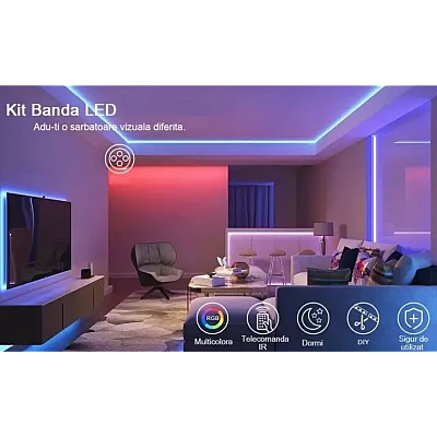 Kit Banda LED RGB cu Telecomanda 300 LED uri Lungime 5m 220V BS Kit Banda LED RGB cu Telecomanda 300 LED uri Lungime 5m 220V BS