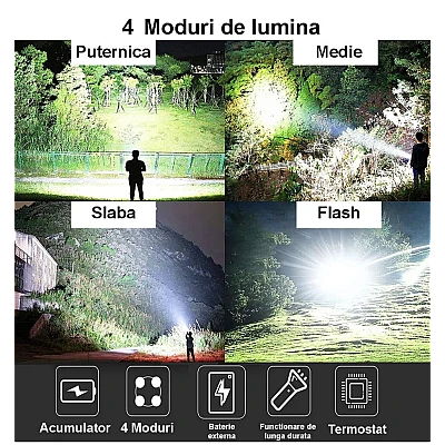 Lanterna de mana W5120 cu incarcare usb 4 moduri de iluminare power bank si trepied
