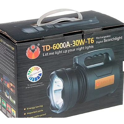 Lanterna Profesionala cu LED TD 6000A T6 de 30 W Acumulator Integrat Negru Lanterna Profesionala cu LED TD 6000A T6 de 30 W Acumulator Integrat Negru
